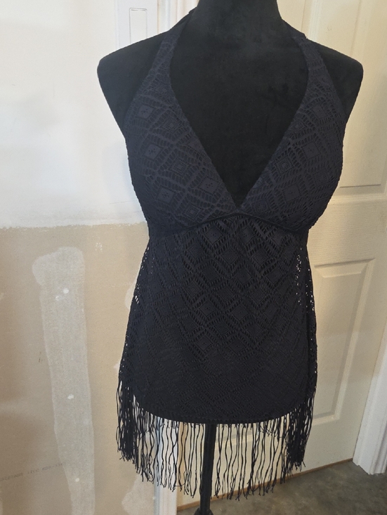 Profile By Gottex Tops - Crochet Halter Fringe Tank Top Swim Top Navy Blue Padded Summer Beach